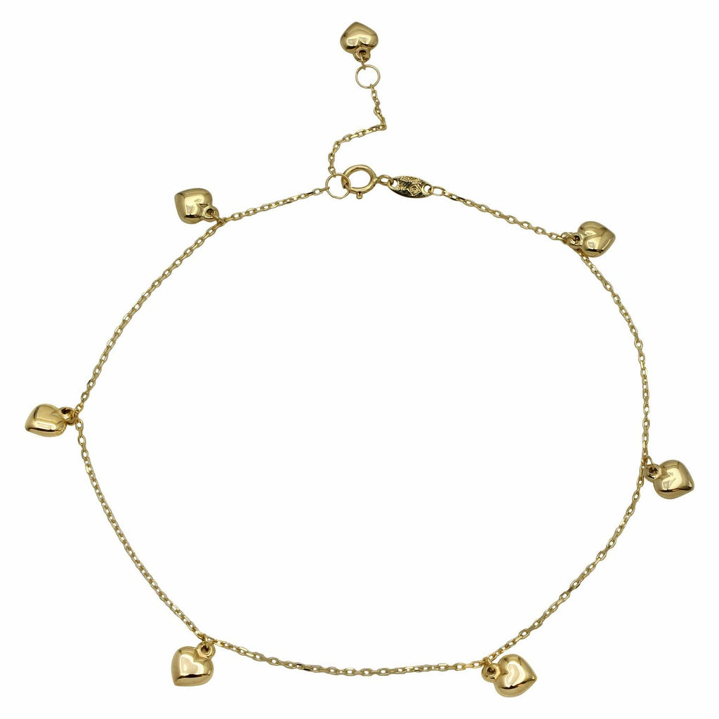 14k Yellow Gold Puffy Heart Charms Rolo Chain Adjustable Anklet,size: 9"-10"