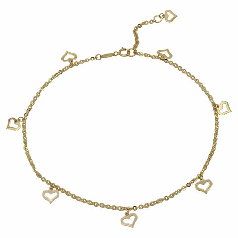 14k Yellow Gold Flat Heart Charms Rolo Chain Adjustable Anklet,size: 9"-10"