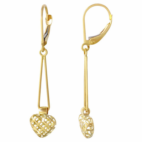 14k Yellow Gold Puffy Heart Square Cut-out Dangle Earrings