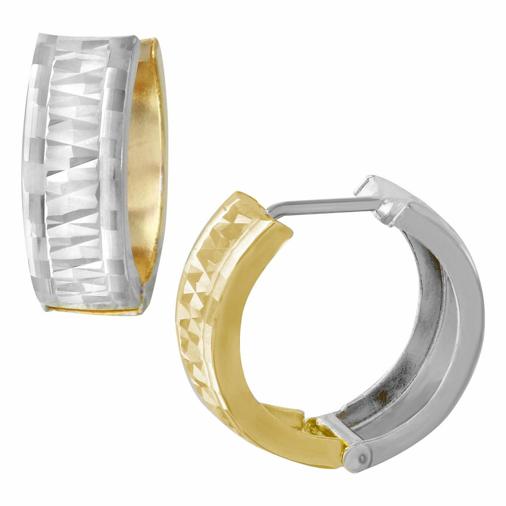 14k White And Yellow Gold Diamond Cut Reversible Huggie Earrings