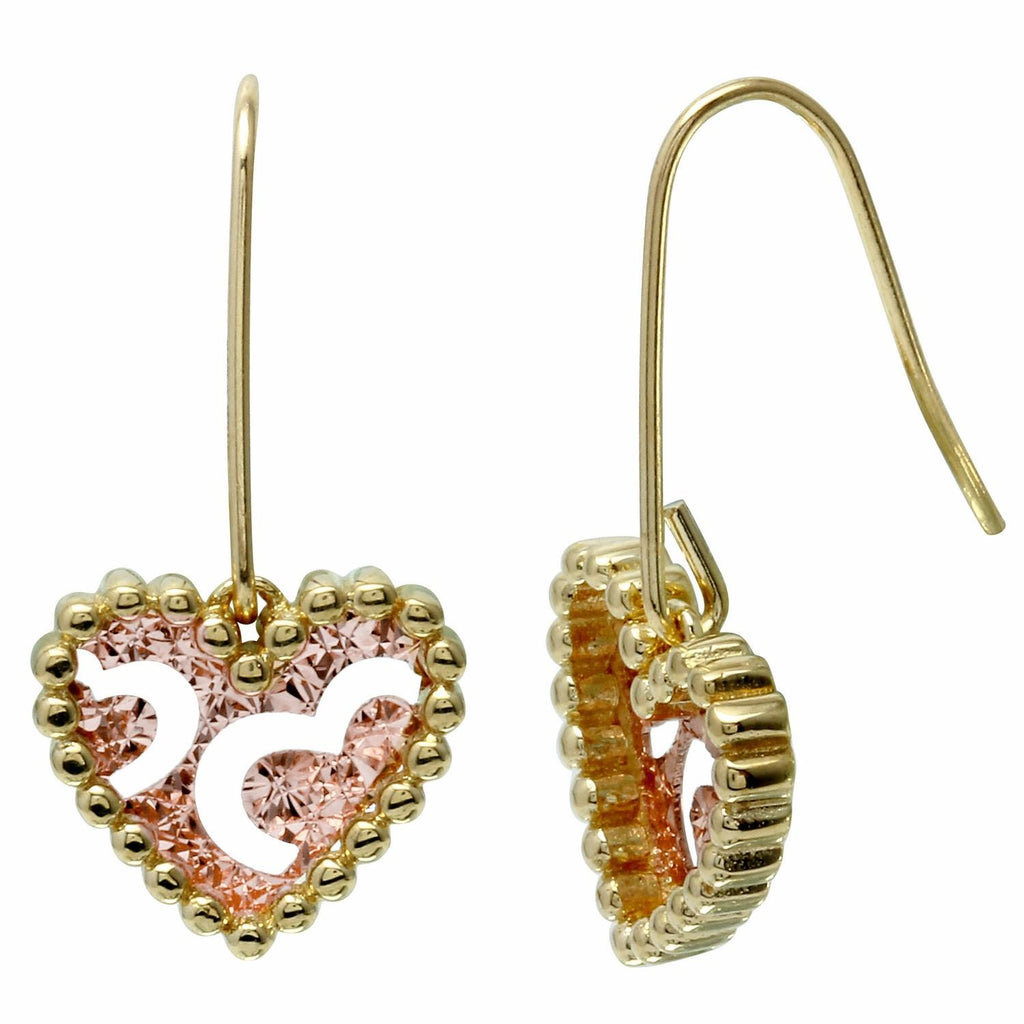 14k Rose And Yellow Gold Diamond-cut Heart Dangling Earrings