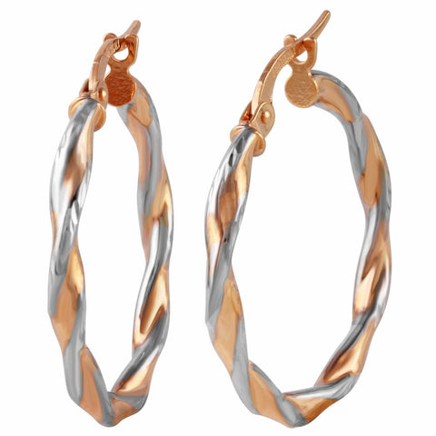 14k Italian Rose And White Gold Twisted Hoop Earrings