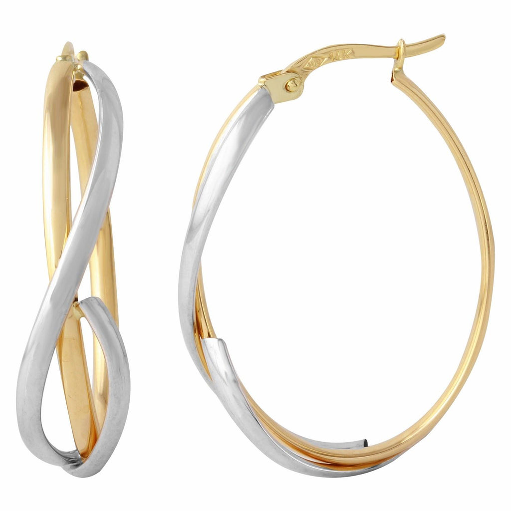 14k Yellow And White Gold Twist Oval Hoop Earrings