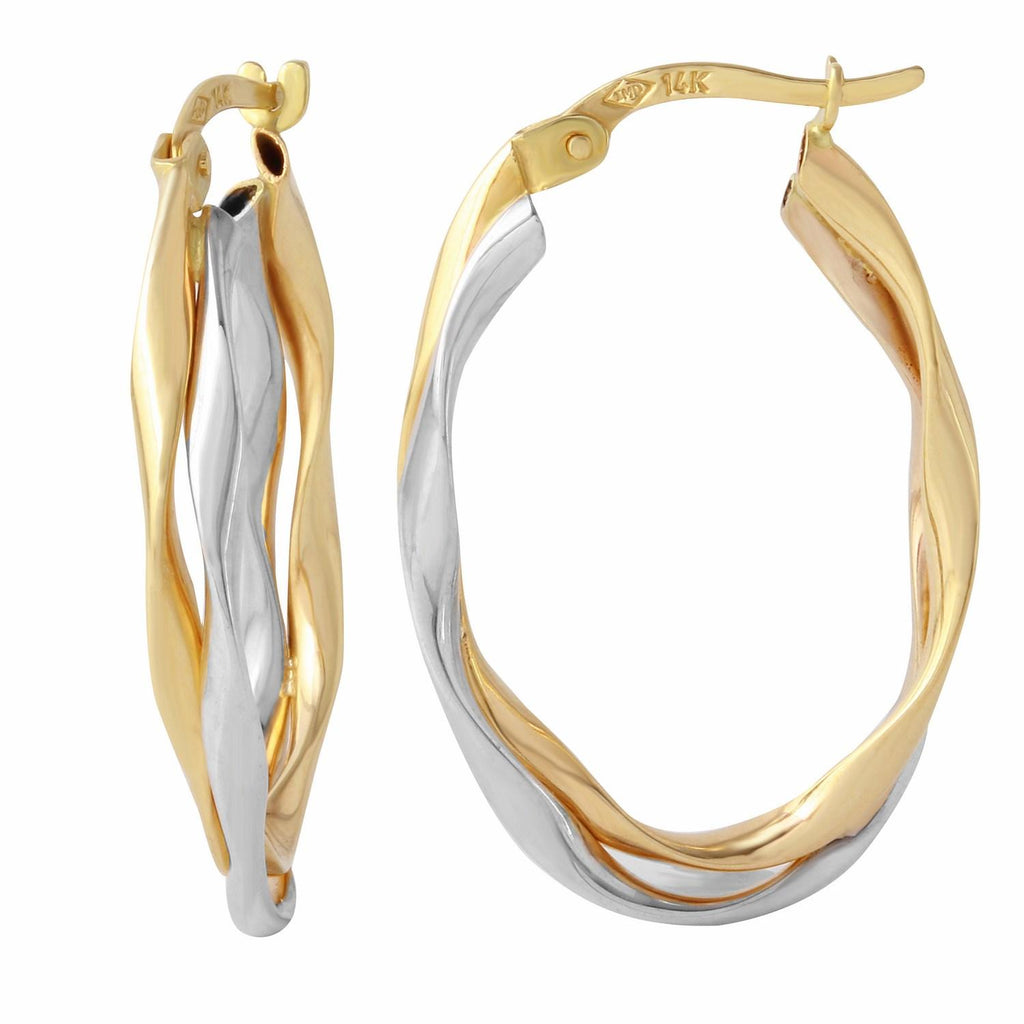 14k Two-tone Gold Oval Twist Hoop Earrings