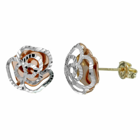 14k Tri-color Gold Diamond-cut Rose Stud Earrings