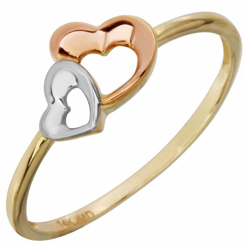 14k Tri-color Gold Double Heart Ladies Ring, size: 7