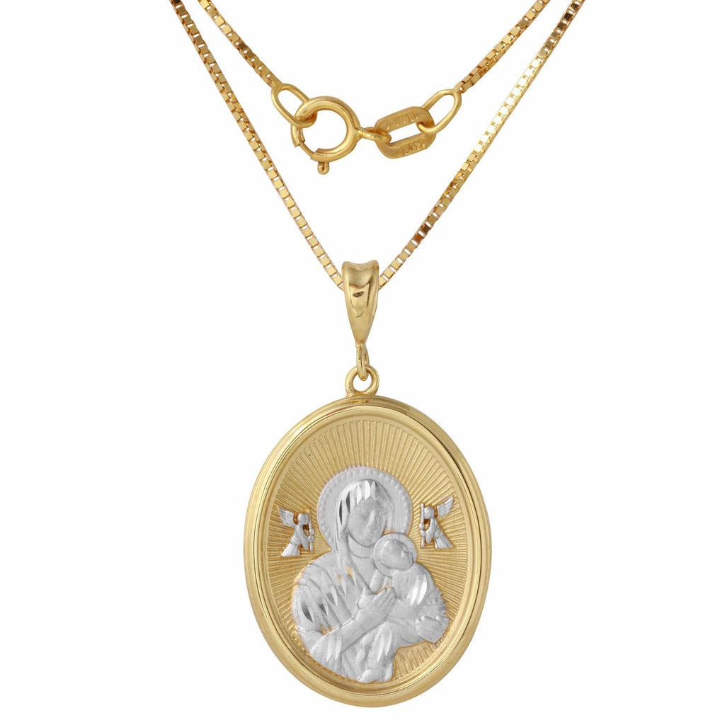 14k Two Tone Gold Mama Mary And Baby Jesus Oval Medal Necklace,size: 18"