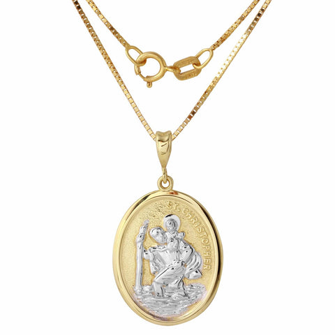 14k Two Tone Gold Saint Christopher Oval Medal Necklace,size: 18"